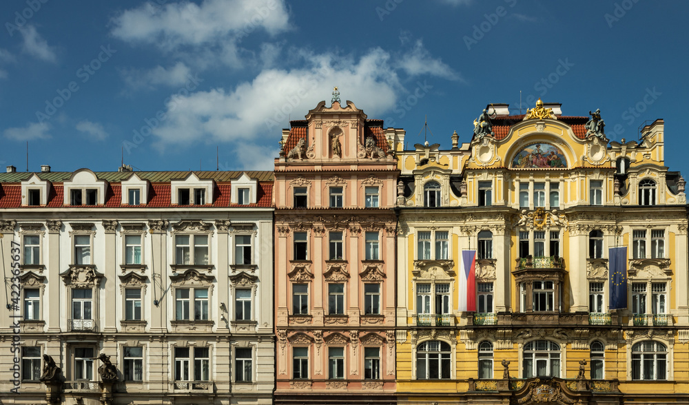 view of the tenement house architecture on the square in the old town of Prague 