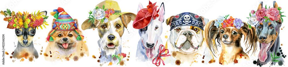 Plakat Ramka z akwarelowych portretów psów do dekoracji