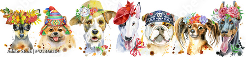 Photography Border from watercolor portraits of dogs for decoration