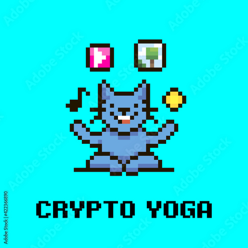 colorful simple flat pixel art illustration of cartoon smiling crypto cat sitting in lotus position with symbols overhead musical note, video player, picture and coin or token