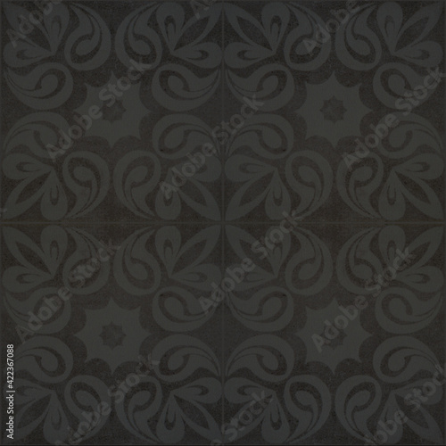 Black anthracite dark vintage retro geometric square mosaic motif cement concrete tiles texture background square, with floral flower leaf print