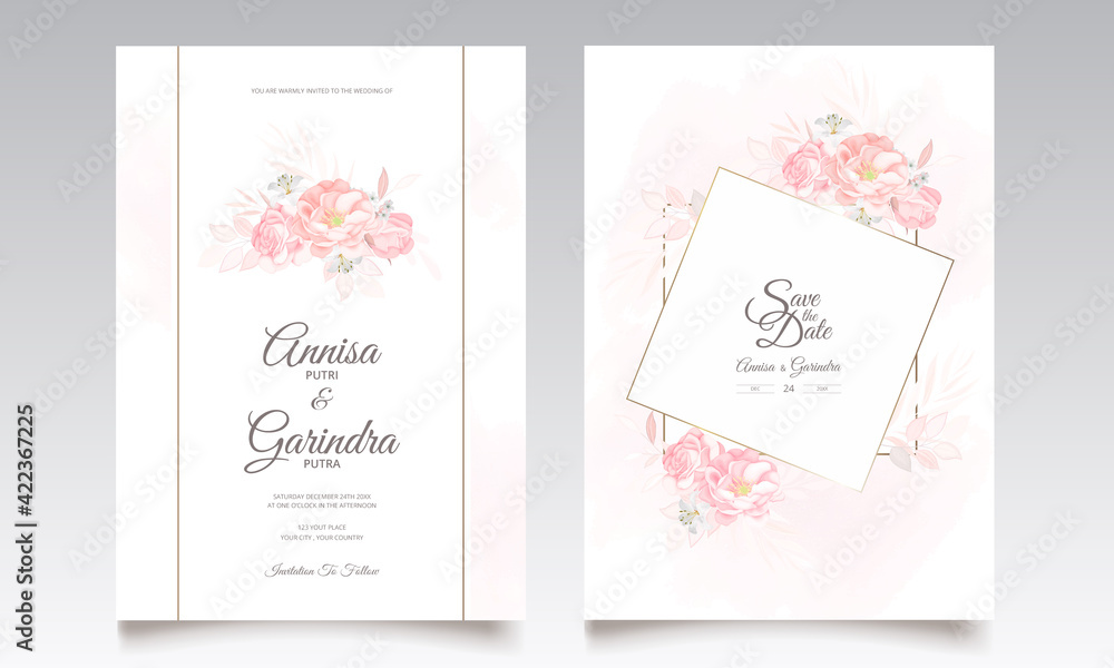  Wedding invitation card template set with beautiful  floral leaves Premium Vector