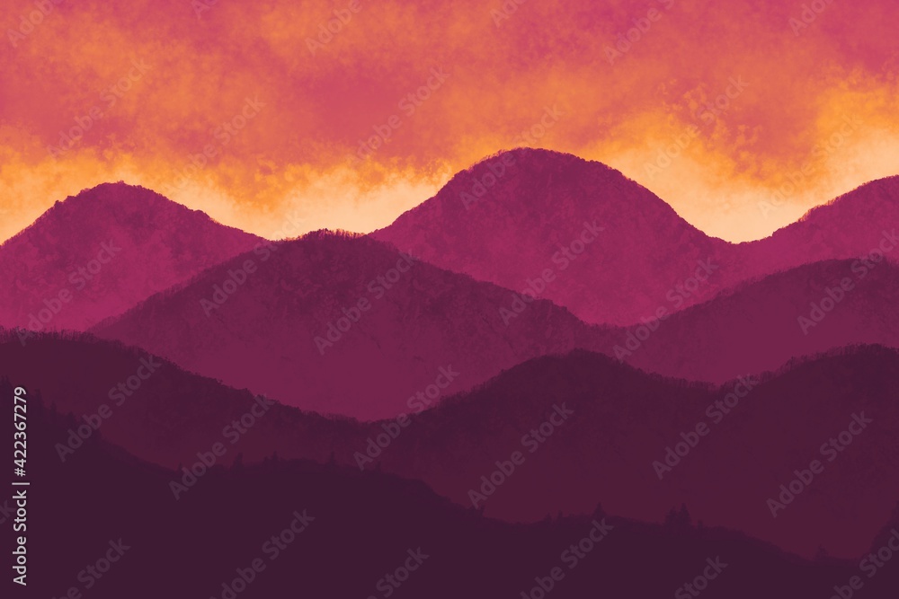 Beautiful dark red and orange mountain landscape. Sunrise and sunset in mountains. Natural background in Japanese style. Travel, adventure, calm energy concept. Outdoor layout design in oriental style