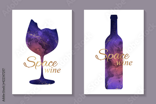 Modern abstract luxury card templates for wine tasting invitation or bar and restaurant menu or banner or logo with  wineglass and bottle in space style on a white background.