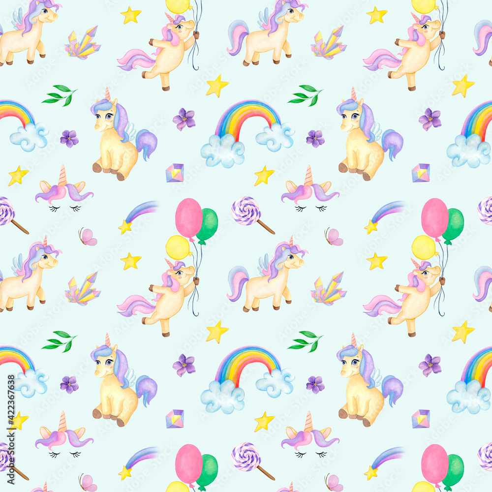 Fototapeta premium watercolor pattern with unicorns on a blue background