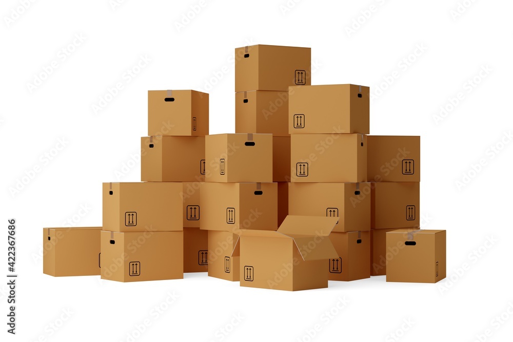 Stack of open and closed brown cardboard moving storage boxes over white background, moving day concept Stack of open and closed brown cardboard moving storage boxes over white background, moving day concept