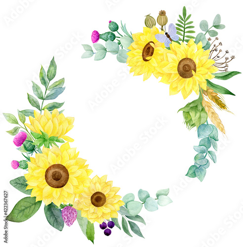 round watercolor wreath with sunflowers