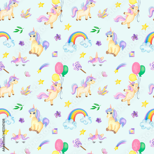 watercolor pattern with unicorns on a blue background