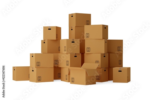 Stack of open and closed brown cardboard moving storage boxes over white background, moving day concept © Shawn Hempel