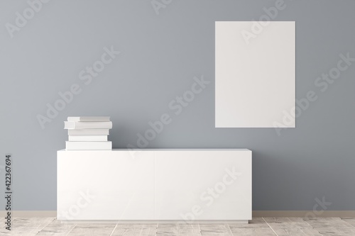 White empty poster or picture mock-up template with white sideboard in front of grey wall background