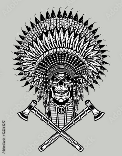 Indian chief skull with peace pipe and tomahawk of war