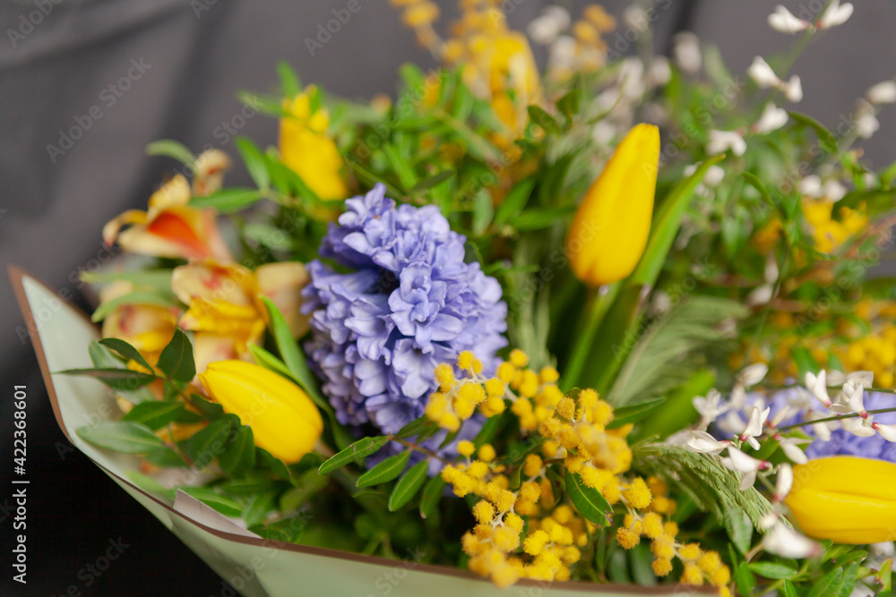 Beautiful spring bouquet of flowers, close-up. Floristics