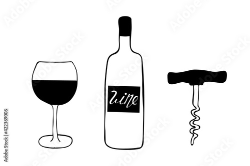Doodle style wine set illustration in vector format including bottle, glass, corkscrew, and cork. Bottle, glass with wine and corkscrew set icon, sticker. sketch hand drawn doodle style. minimalism