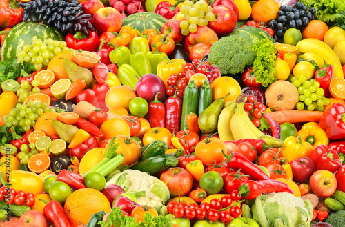 Fresh fruit pattern of fresh and healthy colorful vegetables and fruits.