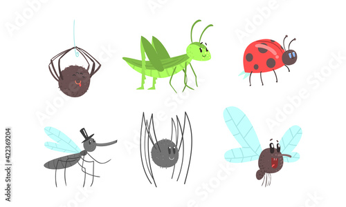 Cute Funny Insects Set, Ladybug, Spider, Grasshopper, Mosquito, Fly Cartoon Vector Illustration © topvectors