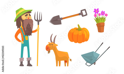 Set of Male Farmer Character with Farm Tools, Agriculture, Gardening, Cattle Breeding Cartoon Vector Illustration