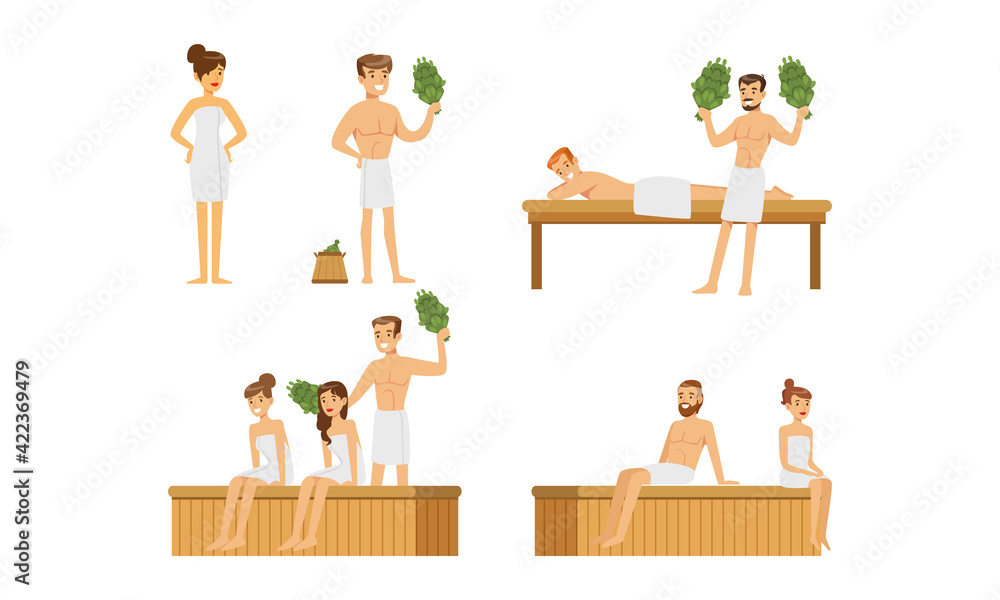 Set of Happy People Relaxing in Hot Sauna Set, Young Men and Women Bathing with Bath Broom Cartoon Vector Illustration