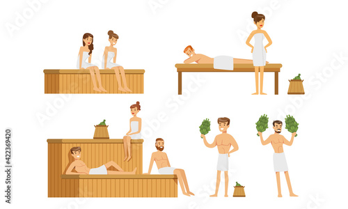 Set of People Relaxing in Hot Sauna, Men and Women Bathing with Bath Broom in Banya Cartoon Vector Illustration