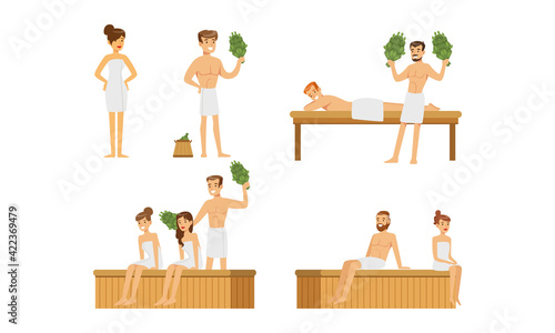 Set of Happy People Relaxing in Hot Sauna Set, Young Men and Women Bathing with Bath Broom Cartoon Vector Illustration