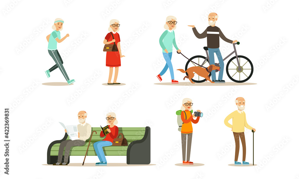 Elderly People Activity Set, Senior Men and Women Walking in Park, Running Bike, Jogging, Traveling Cartoon Vector Illustration