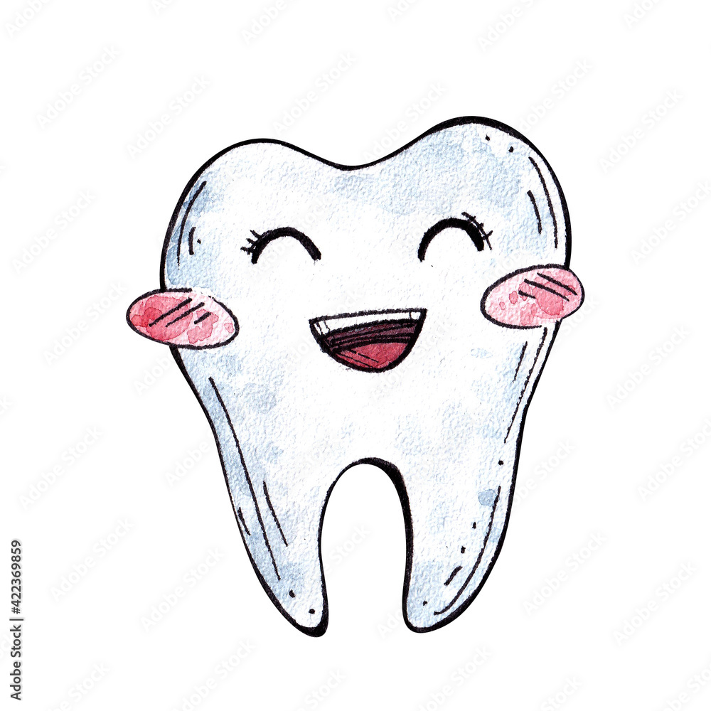 watercolor illustration of a cute tooth on a white background. healthy tooth. cute character. dentistry. children's hand drawing. watercolor illustration of a cute tooth on a white background. healthy tooth. cute character. dentistry. children's hand drawing.