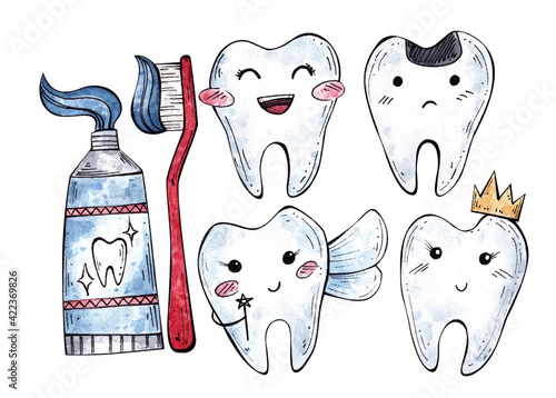 watercolor illustration of toothpaste, brush and cute teeth. dentistry, dental care. health. tooth Fairy