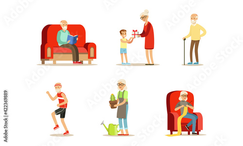 Elderly People Activity Set, Senior Men and Women Walking, Jogging, Knitting, Reading Books, Gardening Cartoon Vector Illustration