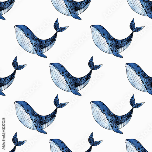 watercolor pattern blue whale with flowers on a white background. for printing on children's things, fabric, wallpaper .. paper, packaging. wildlife. nautical ornament