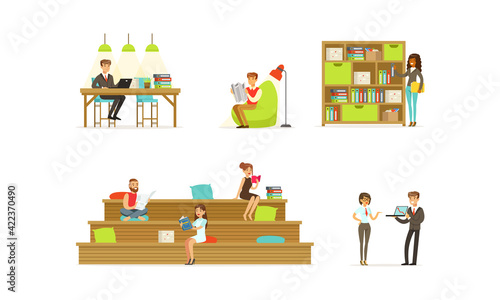 Set of Freelance People or Students Working, Learning or Studying at Home or Open Space Office Cartoon Vector Illustration
