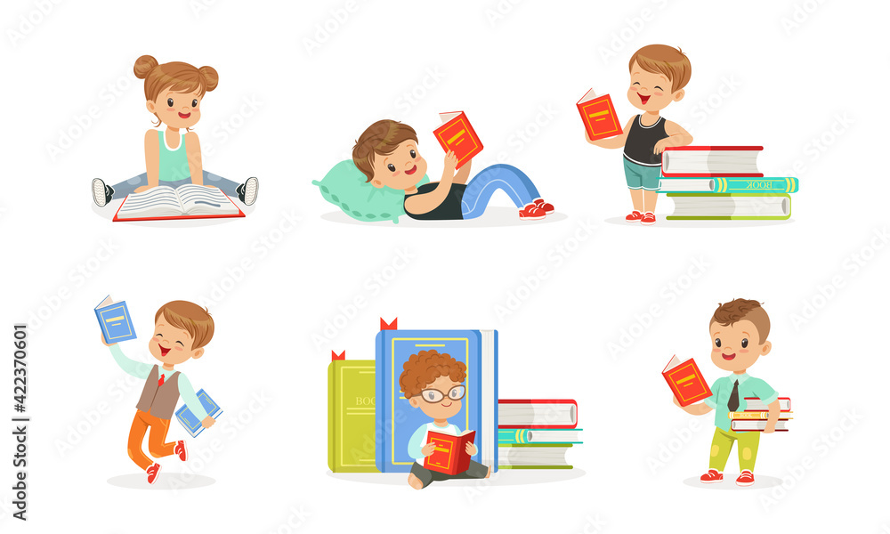 Cute Kids Reading Books Set, Tiny Adorable Boys and Girls Sitting on Stack of Books, Children Enjoying of Reading Literature Cartoon Vector Illustration