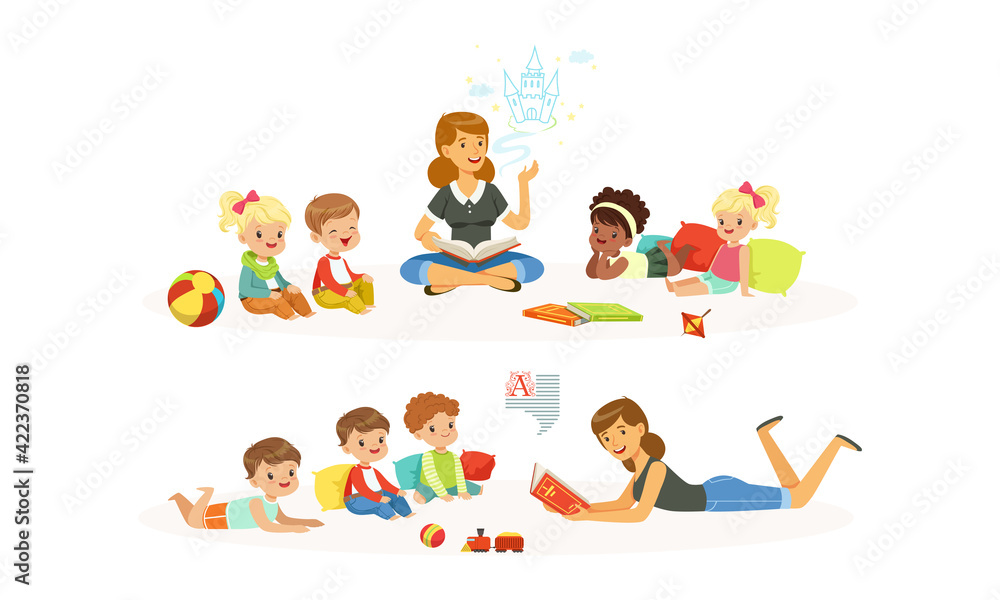 Teacher Reading Book to Kids in Kindergarten, Children Listening to Fairy Tale in Classroom at Primary School Cartoon Vector Illustration Teacher Reading Book to Kids in Kindergarten, Children Listening to Fairy Tale in Classroom at Primary School Cartoon Vector Illustration