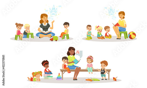 Teacher Reading Book to Kids in Kindergarten Set, Boys and Girls Listening to Fairy Tale in Classroom at Primary School Cartoon Vector Illustration