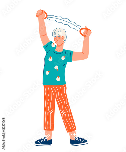 Funny elderly woman keep fit and health through sport exercises, cartoon flat vector illustration isolated on white background. Senior woman engaged in sport activity.