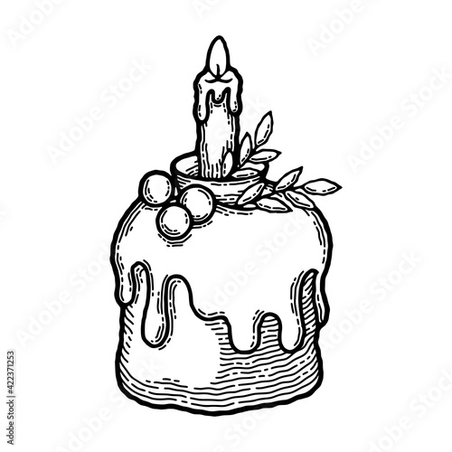Rustic Easter Kulich Cake as Vector Image. Traditional Russian Easter Cake with Berries, Sweet Filling, Twig, Icing and Candle as Decoration. Image in Retro Style with Engraving and Monochrome