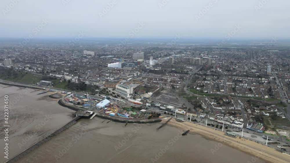 Southend-on-Sea, Essex, UK sea front and town high pov aerial footage Southend-on-Sea, Essex, UK sea front and town high pov aerial footage