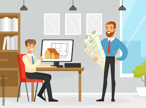 Man Architect Showing Blueprint or Draft of Building Design Vector Illustration