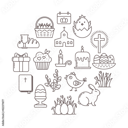 Set of linear Easter icons with Egg, Baby Chicken, Pussy Willow, Bunny, Bible and other Christian Symbols
