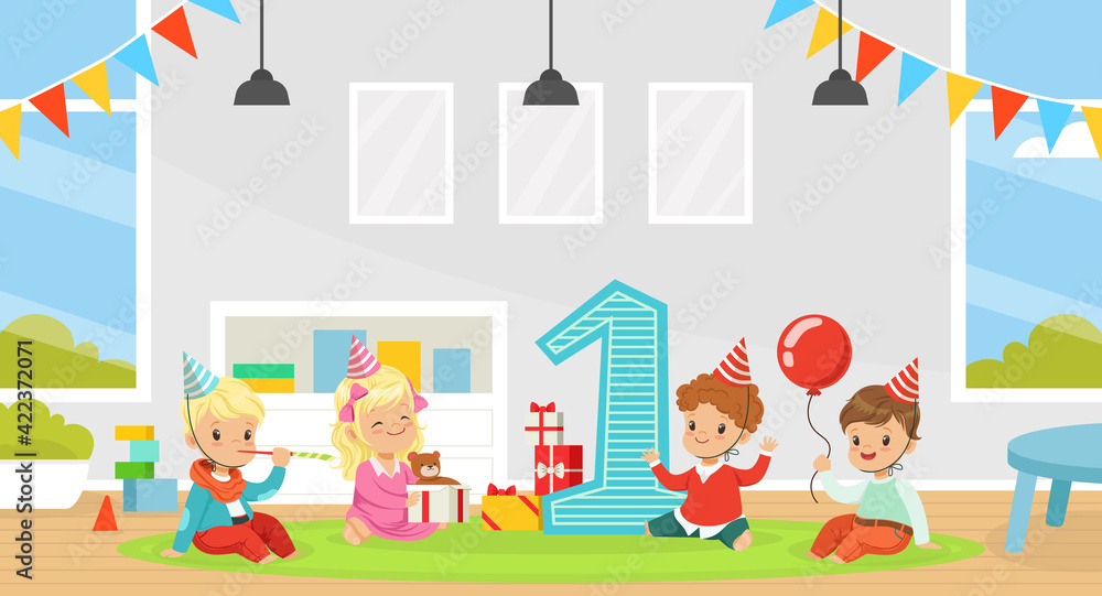 Fototapeta premium Excited Children in Birthday Hat Sitting on the Floor in Kindergarten with Wrapped Gift Box Celebrating Festive Holiday Vector Illustration