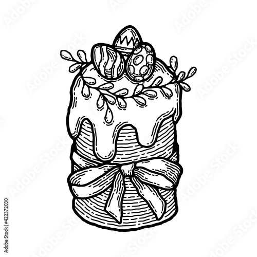 Rustic Easter Kulich Cake as Vector Image. Traditional Christian Pastry with Decorative Colored Egg, Leaf, Icing and Ribbon with Bow as Decoration. Image in Boho Style with Engraving and Monochrome