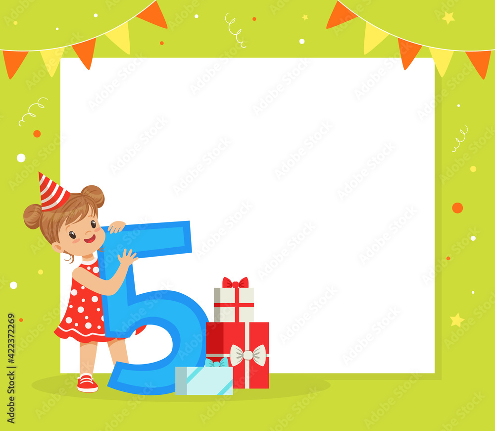 Naklejka premium Happy Birthday Festive Card with Girl in Birthday Hat Holding Five Number Vector Illustration