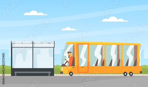 Bearded Man Driving Bus as Public Transport Along the City Road Vector Illustration