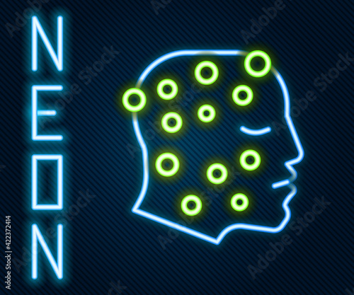 Glowing neon line Face with psoriasis or eczema rash icon isolated on black background. Concept of human skin response to allergen or chronic body problem. Colorful outline concept. Vector