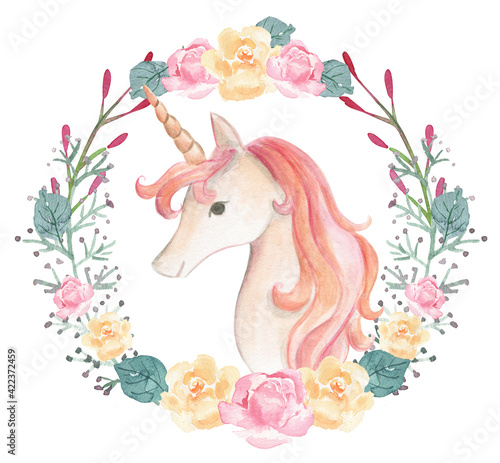 Unicorn watercolor illustration flower wreath 