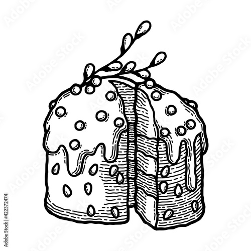 Rustic Easter Kulich Cake as Vector Image. Traditional Christian Bakery with Willow Twig, Layer of Filling, Icing and Seeds as Decoration. Image in Retro and Boho Style with Engraving and Monochrome