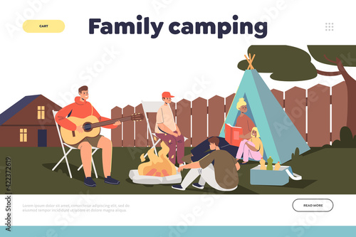 Family camping concept of landing page with parents and kids camp on backyard outside house