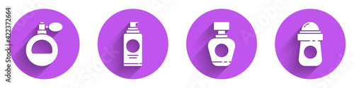 Set Perfume, Spray can for hairspray, Perfume and Antiperspirant deodorant roll icon with long shadow. Vector