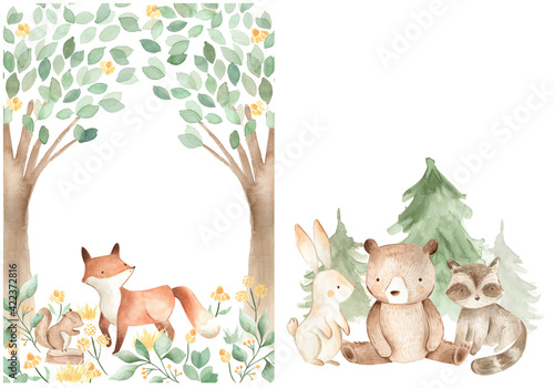 Print op canvas Woodland animals watercolor illustration baby bear fox squirrel bunny