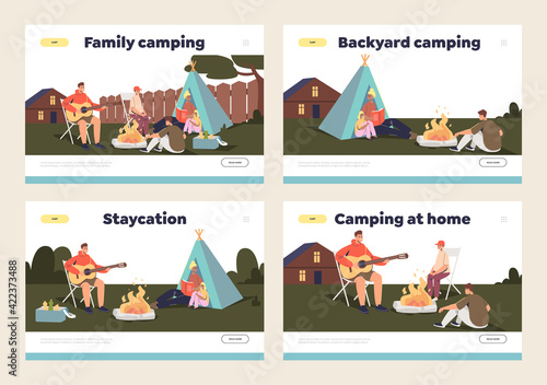 Family camping on backyard concept of set of landing pages with parents and kids at campfire