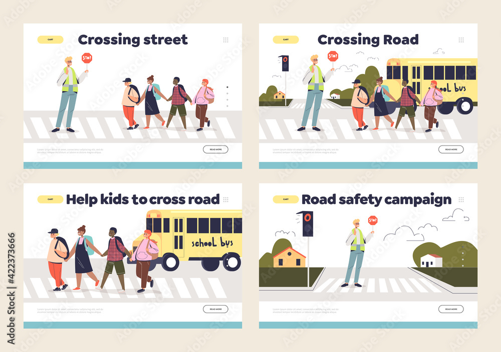 Kids and street crossing set of landing page with officers and group of children on crosswalk