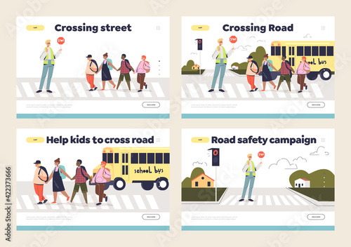 Kids and street crossing set of landing page with officers and group of children on crosswalk